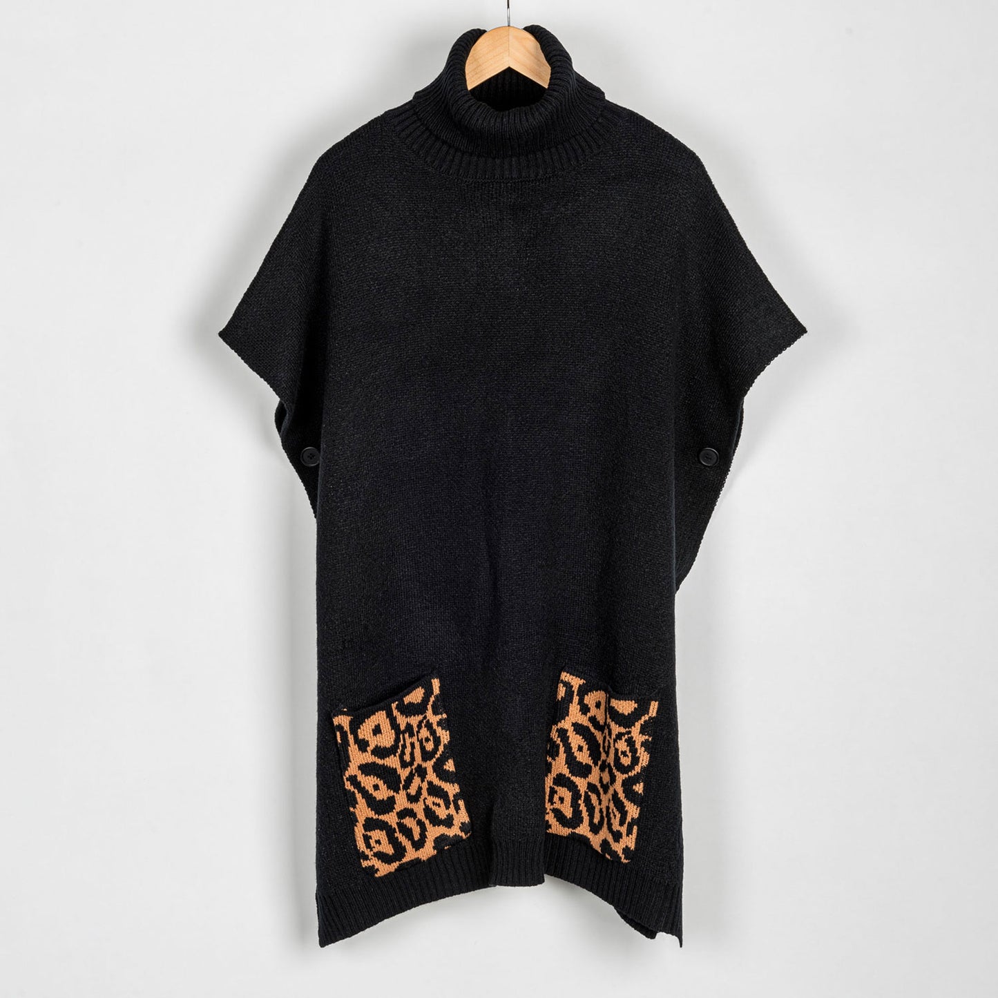 Black Leopard Turtleneck Poncho With Patch Pockets