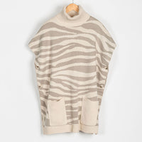 Cream Tiger Turtleneck Poncho With Patch Pockets