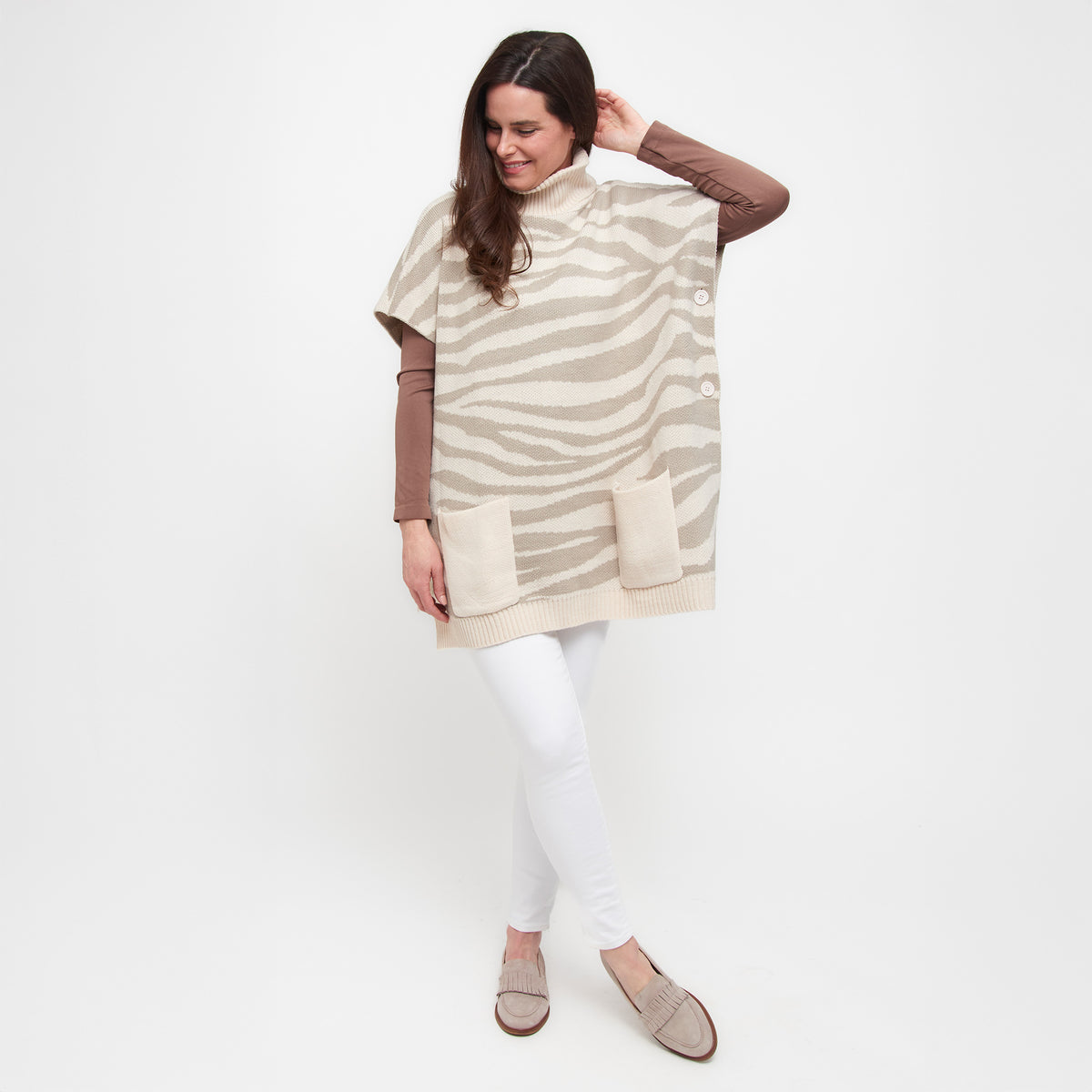 Cream Tiger Turtleneck Poncho With Patch Pockets