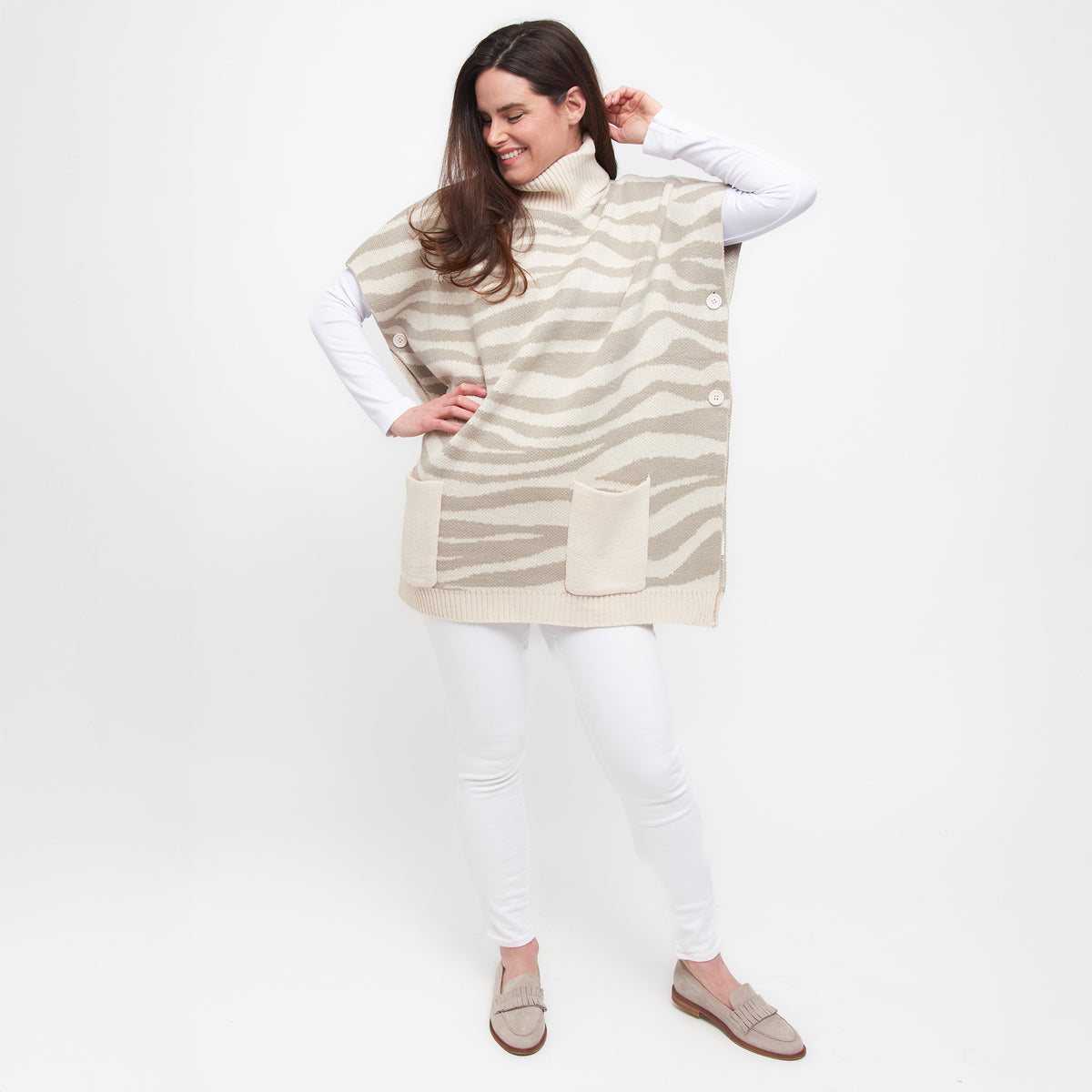 Cream Tiger Turtleneck Poncho With Patch Pockets