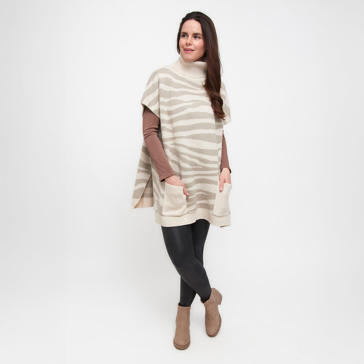 Cream Tiger Turtleneck Poncho With Patch Pockets