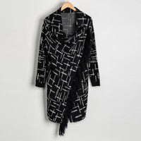 Black Geo Plaid Asymmetrical Wrap Sweater With Fringe Detail