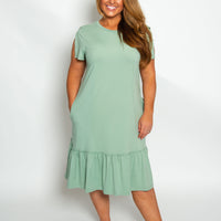 Brynn Short Sleeve Crewneck Ruffle Hem Midi Dress with Pockets