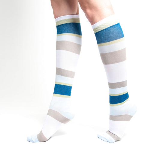 Blue Thick Stripe Knee High 15-20mmHg Compression Socks