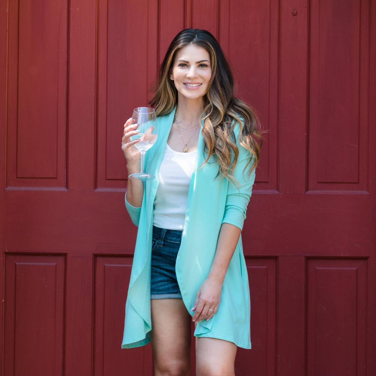 Diana Aqua Sky 3/4 Sleeve Stretch Knit Denim Duster Cardigan