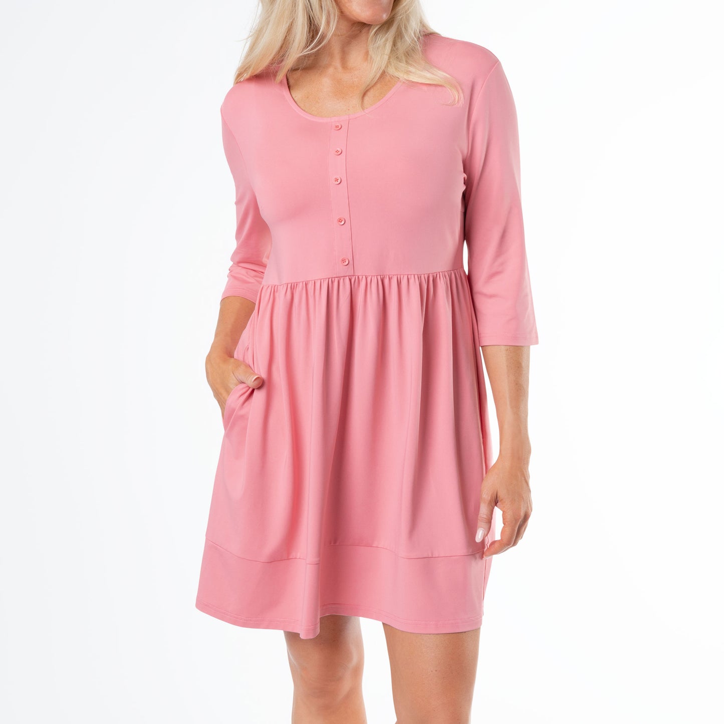 Molly 3/4 Sleeve Scoop Neck Henley Dress with Pockets