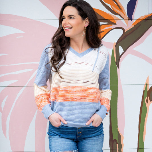 Avalon Crochet Color Block Long Sleeve Hooded Pullover