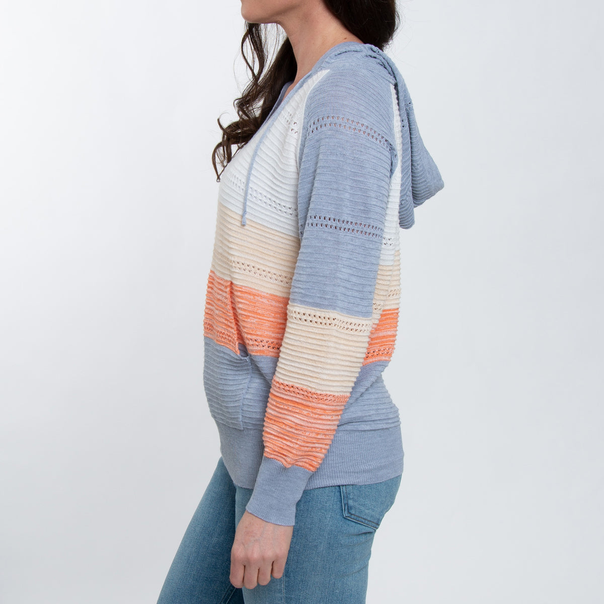 Avalon Crochet Color Block Long Sleeve Hooded Pullover