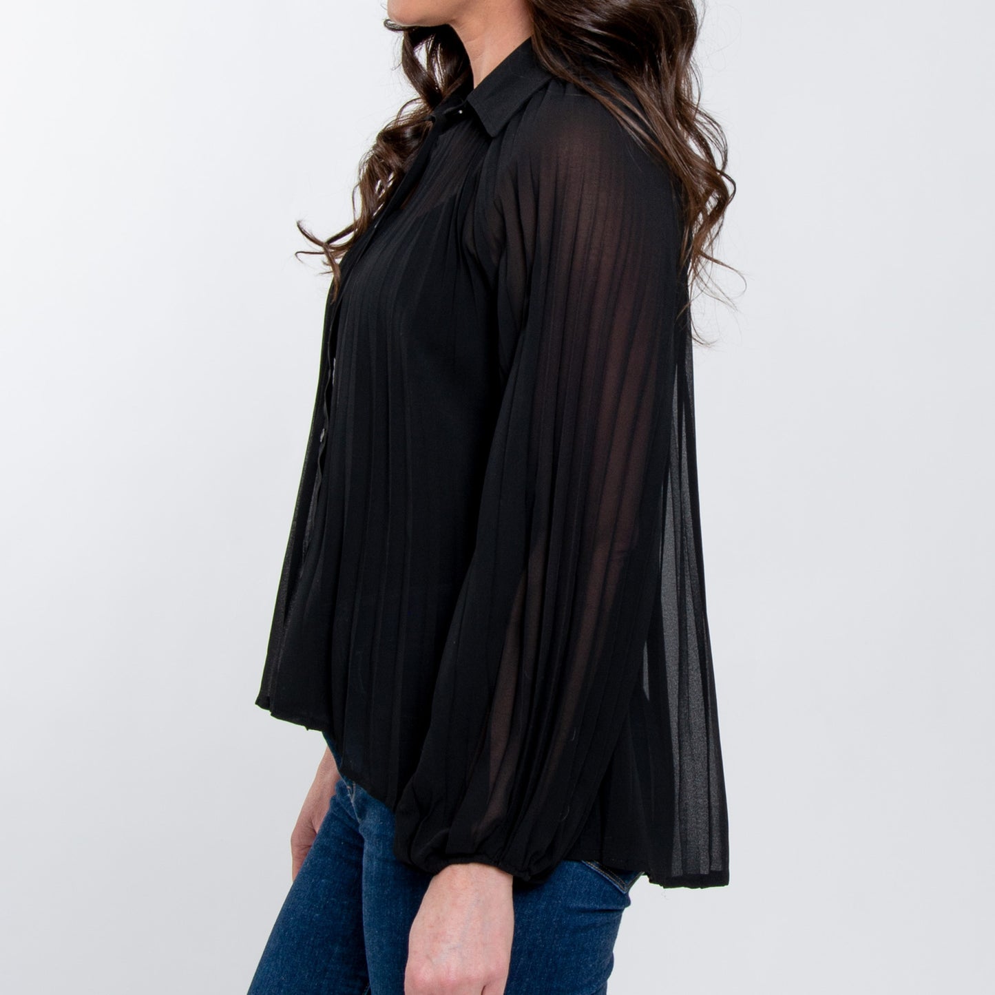 Essie Pleated Long Sleeve Button Up Collared Blouse