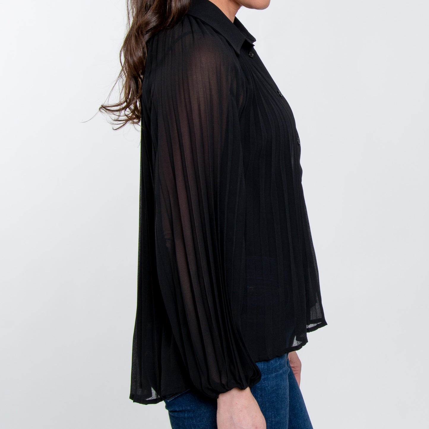 Essie Pleated Long Sleeve Button Up Collared Blouse