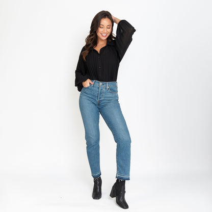 Essie Pleated Long Sleeve Button Up Collared Blouse
