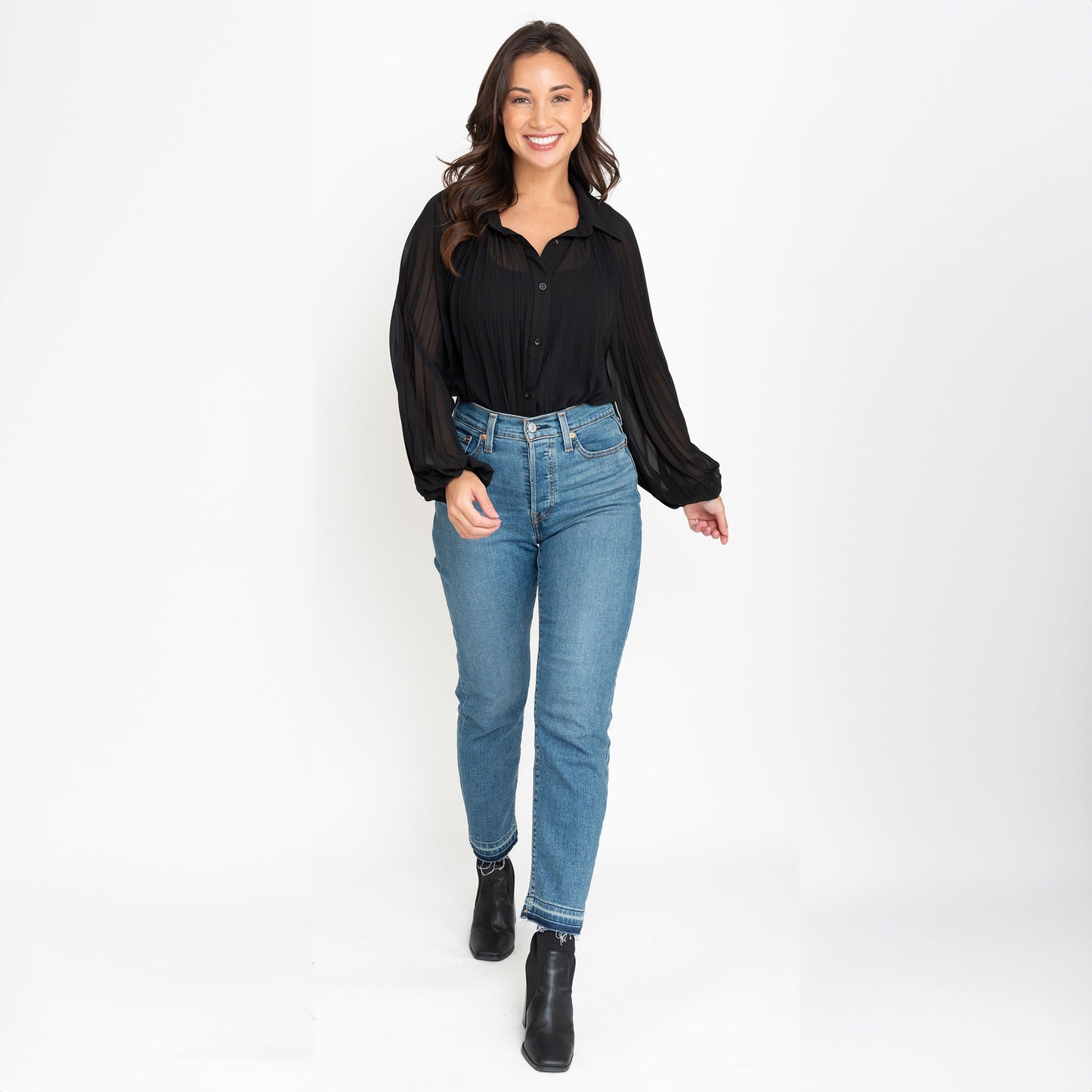 Essie Pleated Long Sleeve Button Up Collared Blouse