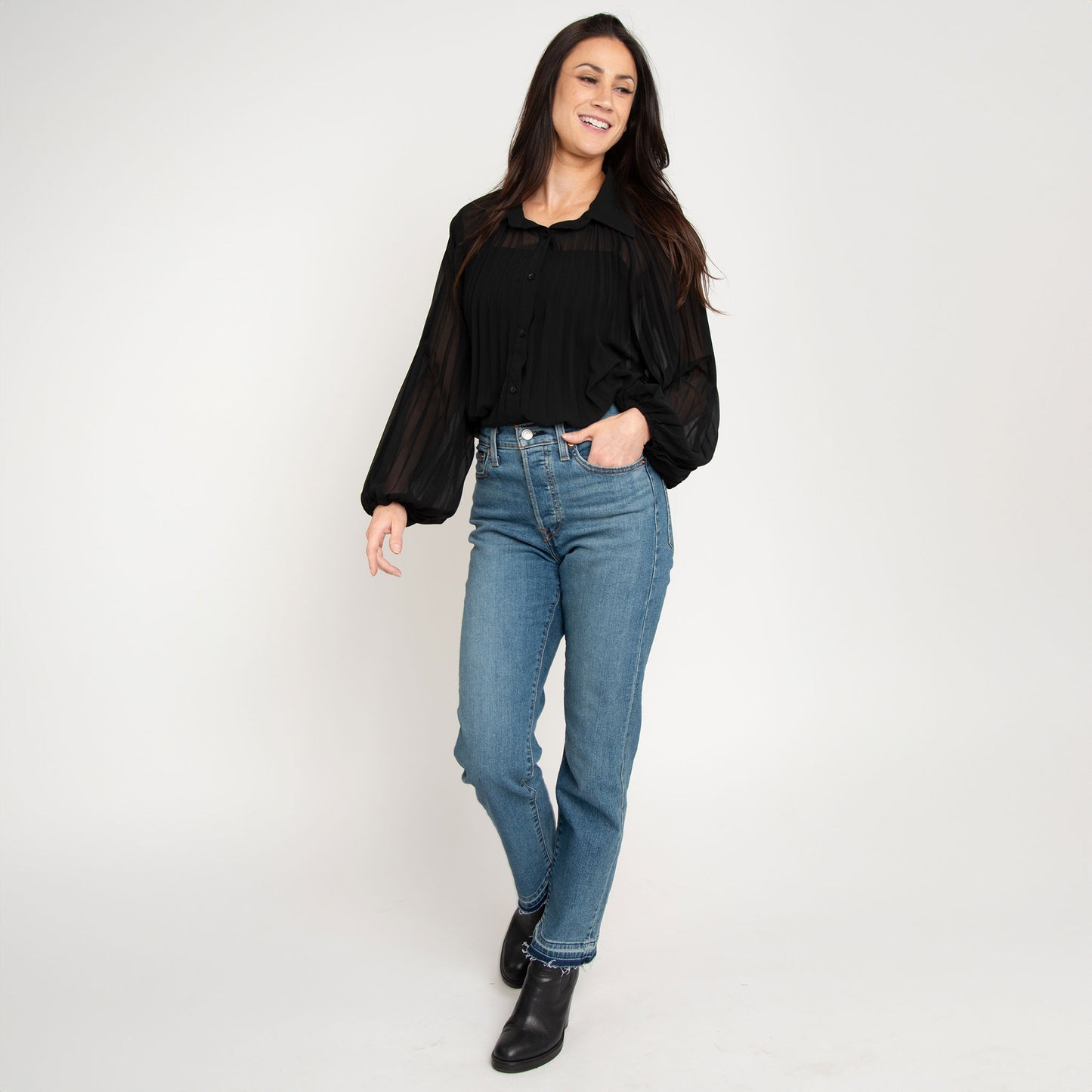 Essie Pleated Long Sleeve Button Up Collared Blouse