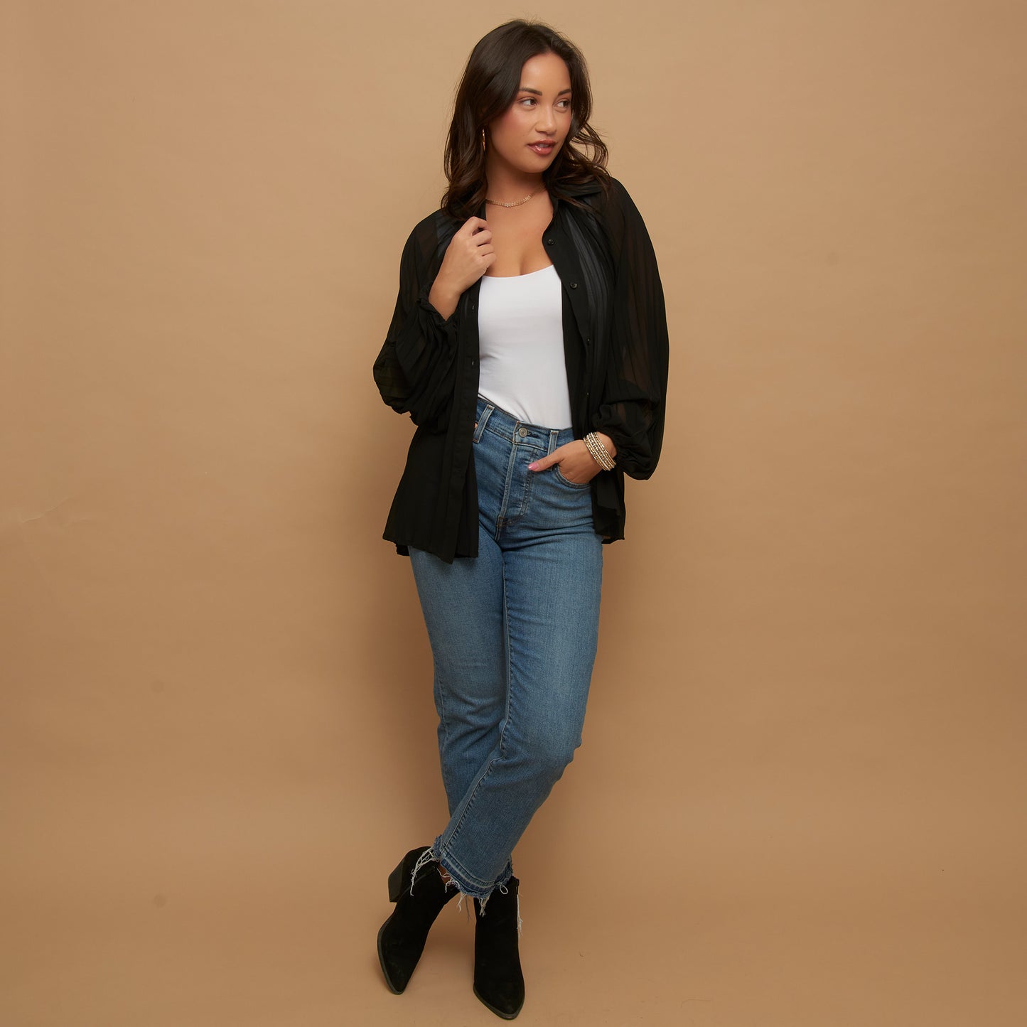 Essie Pleated Long Sleeve Button Up Collared Blouse