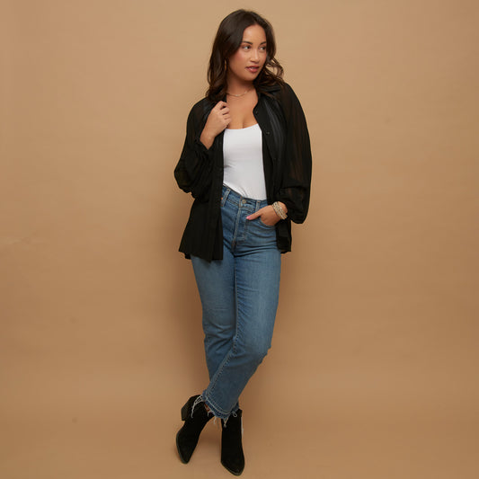 Essie Pleated Long Sleeve Button Up Collared Blouse