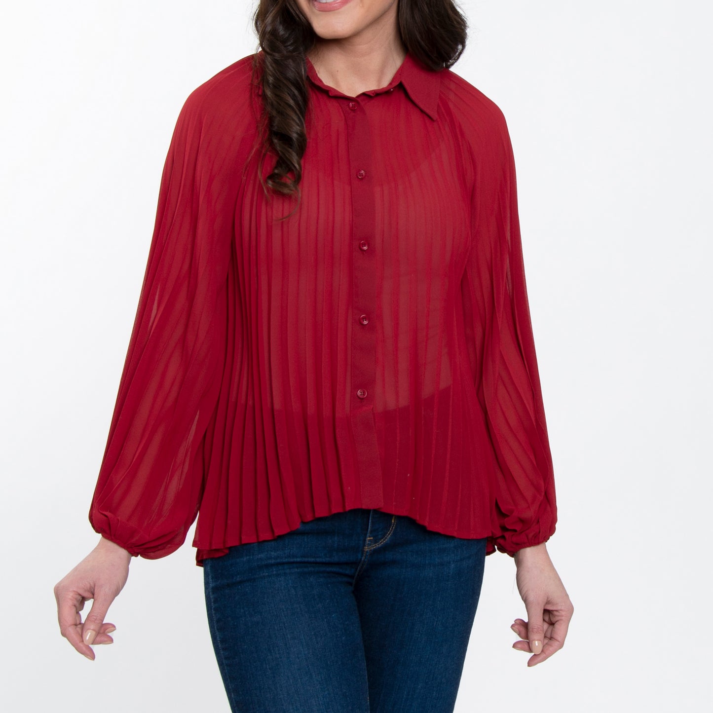 Essie Pleated Long Sleeve Button Up Collared Blouse