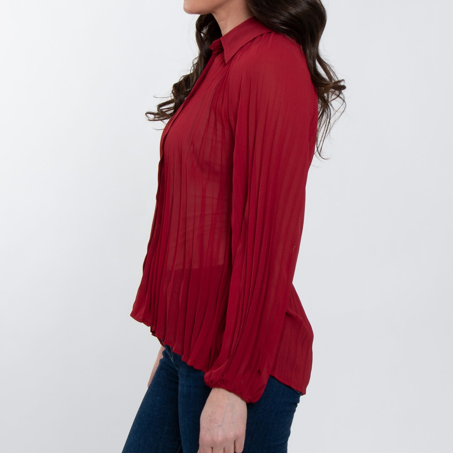 Essie Pleated Long Sleeve Button Up Collared Blouse