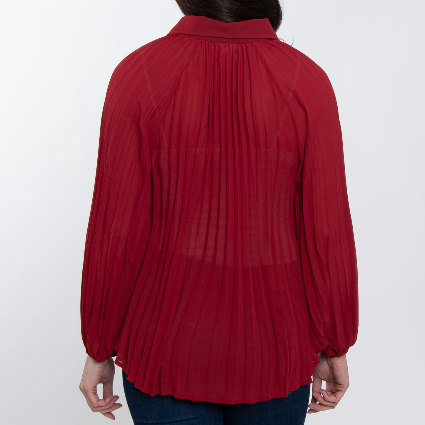Essie Pleated Long Sleeve Button Up Collared Blouse