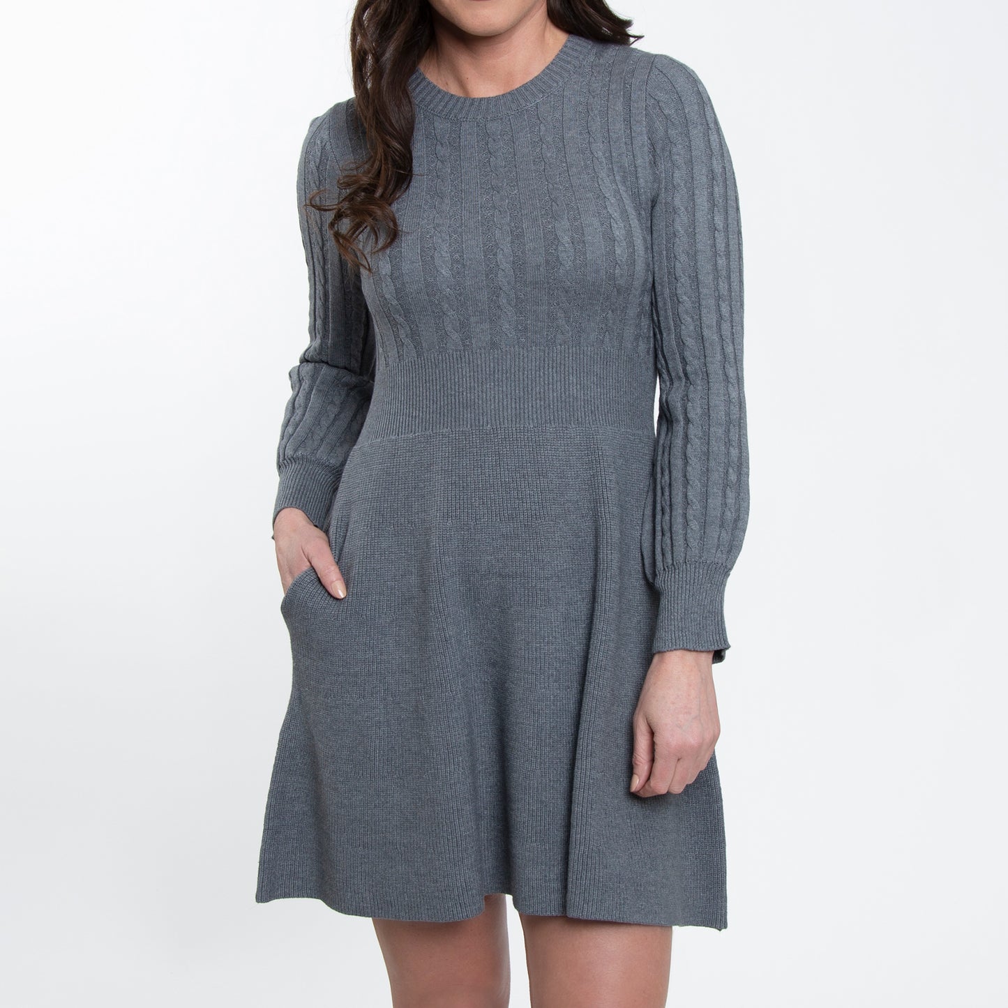 Sheena Crew Neck Cable Knit Long Sleeve Sweater Dress