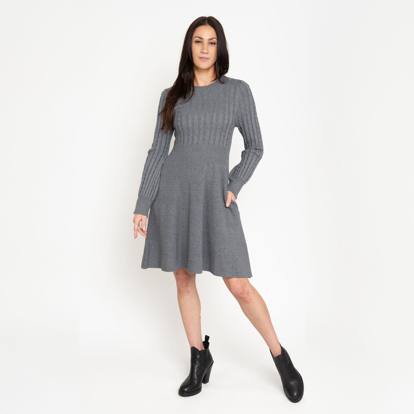 Sheena Crew Neck Cable Knit Long Sleeve Sweater Dress