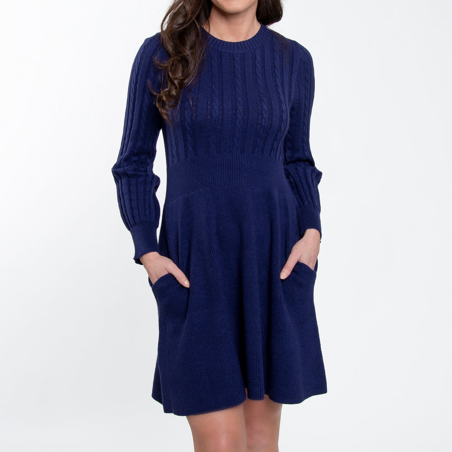 Sheena Crew Neck Cable Knit Long Sleeve Sweater Dress