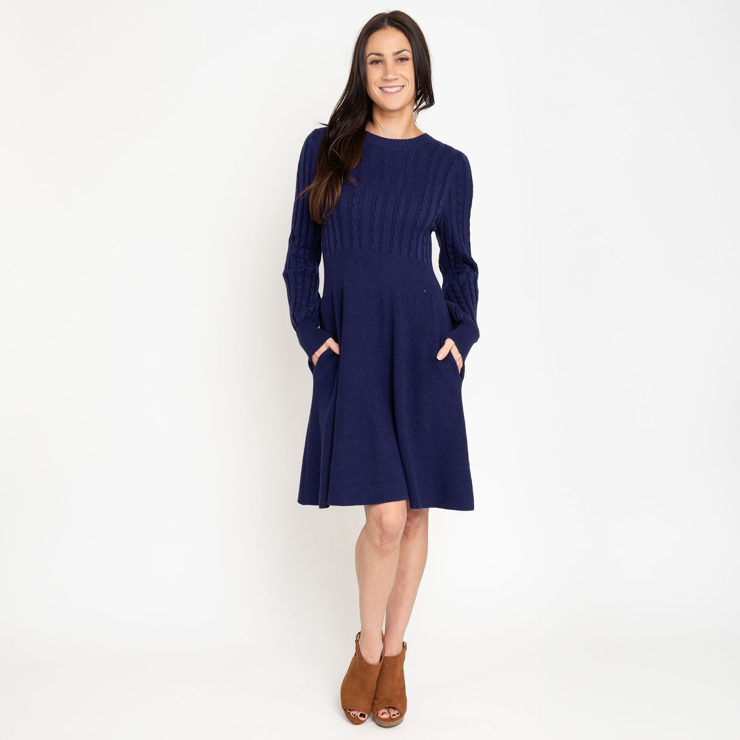 Sheena Crew Neck Cable Knit Long Sleeve Sweater Dress