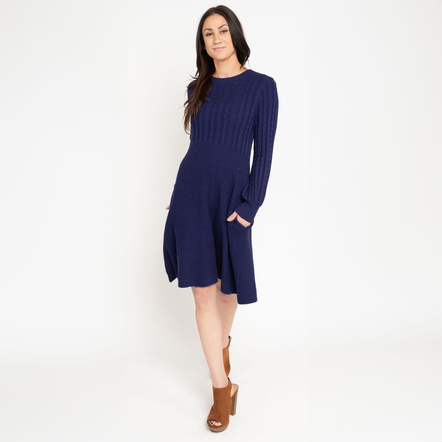 Sheena Crew Neck Cable Knit Long Sleeve Sweater Dress