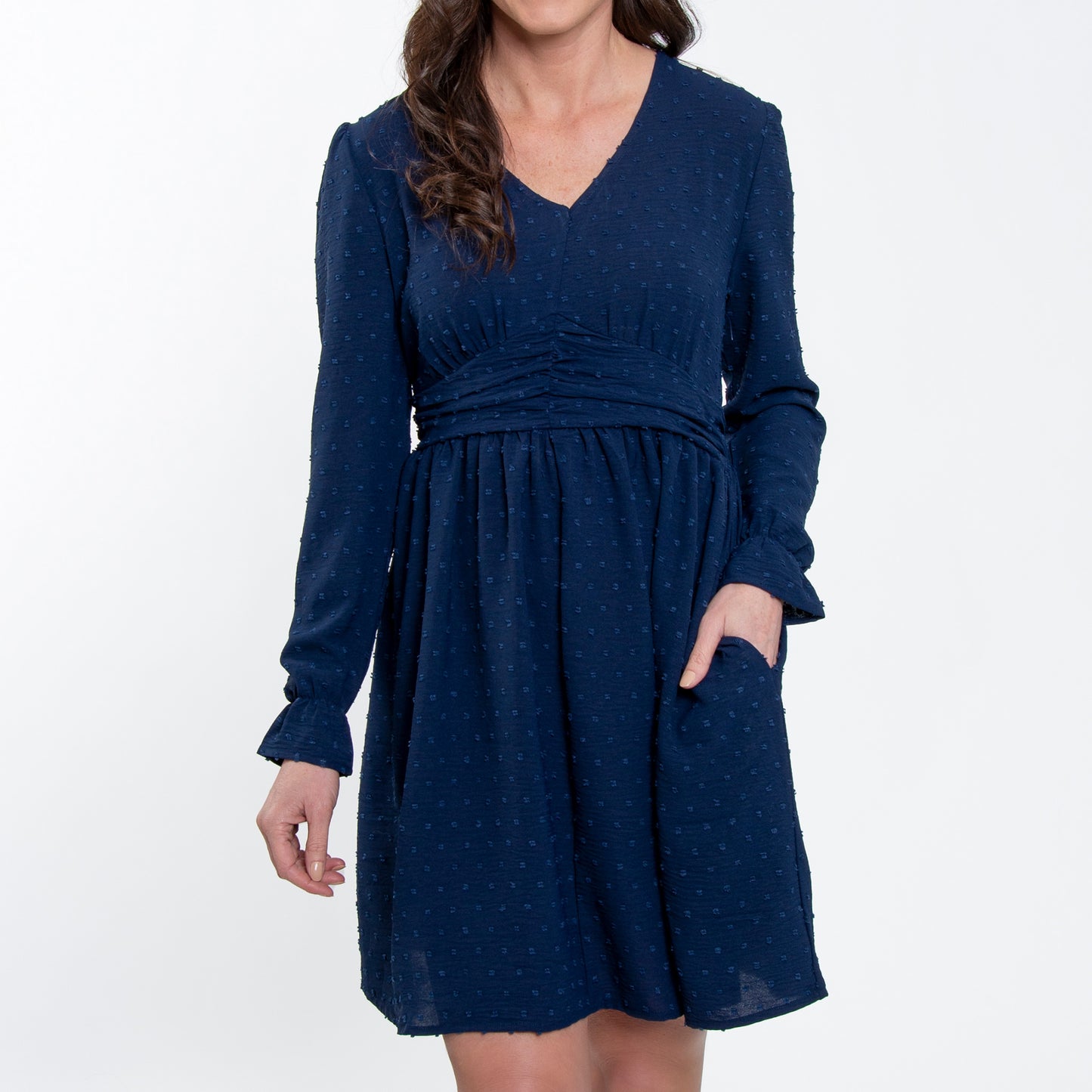 Hayden Swiss Dot Long Sleeve Ruched V-Neck Dress