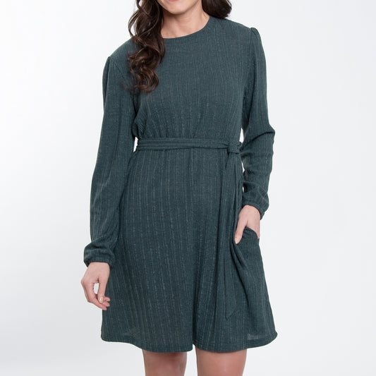 Kyle Smokey Teal Ribbed Knit Bishop Sleeve Belted Dress