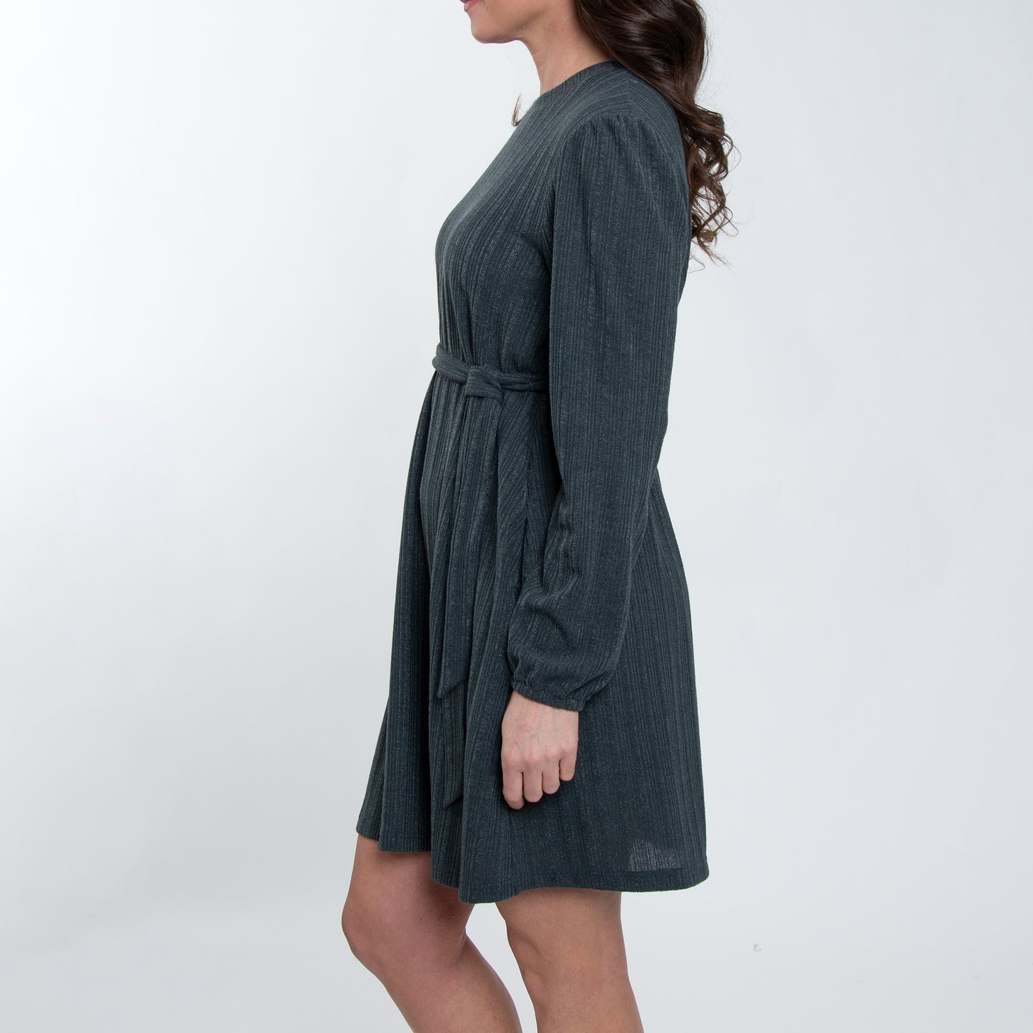 Kyle Smokey Teal Ribbed Knit Bishop Sleeve Belted Dress