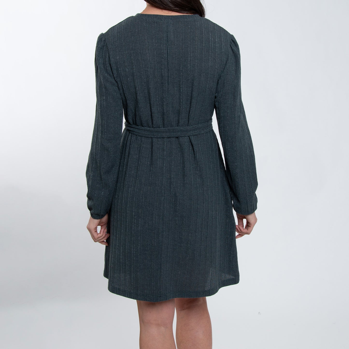 Kyle Smokey Teal Ribbed Knit Bishop Sleeve Belted Dress