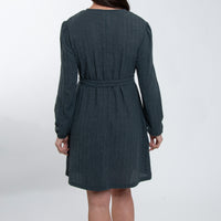 Kyle Smokey Teal Ribbed Knit Bishop Sleeve Belted Dress