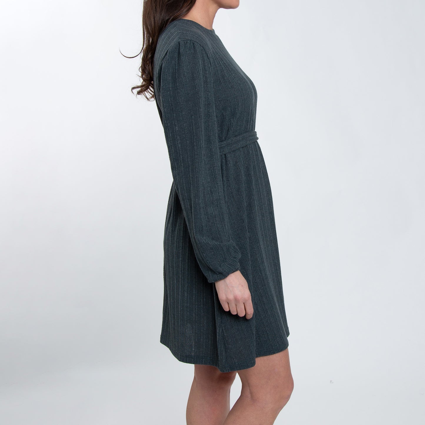 Kyle Smokey Teal Ribbed Knit Bishop Sleeve Belted Dress