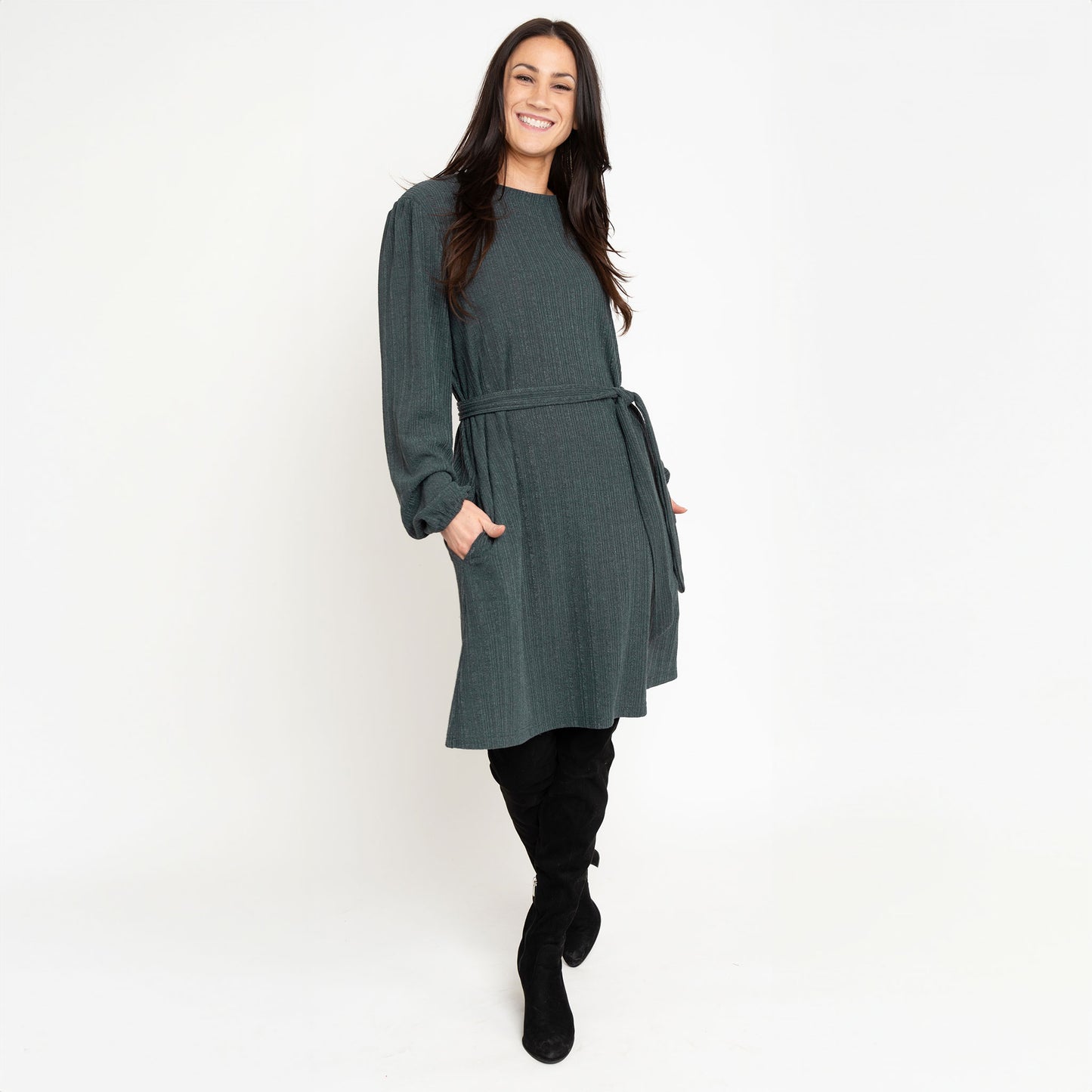 Kyle Smokey Teal Ribbed Knit Bishop Sleeve Belted Dress