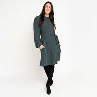 Kyle Smokey Teal Ribbed Knit Bishop Sleeve Belted Dress