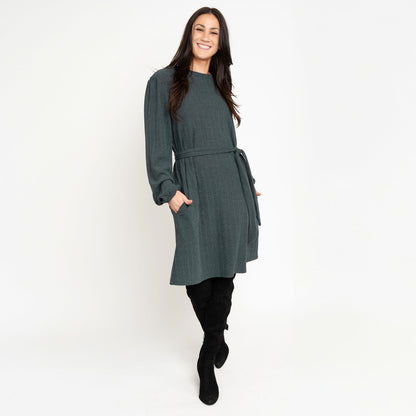 Kyle Smokey Teal Ribbed Knit Bishop Sleeve Belted Dress