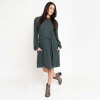Kyle Smokey Teal Ribbed Knit Bishop Sleeve Belted Dress