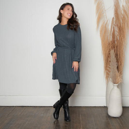 Kyle Smokey Teal Ribbed Knit Bishop Sleeve Belted Dress
