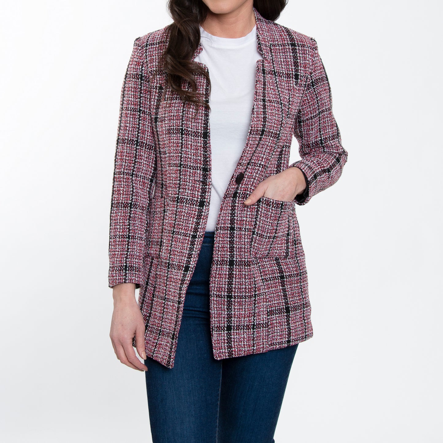 Lyra Fully Lined Long Sleeve Plaid Long Length Boucle Blazer