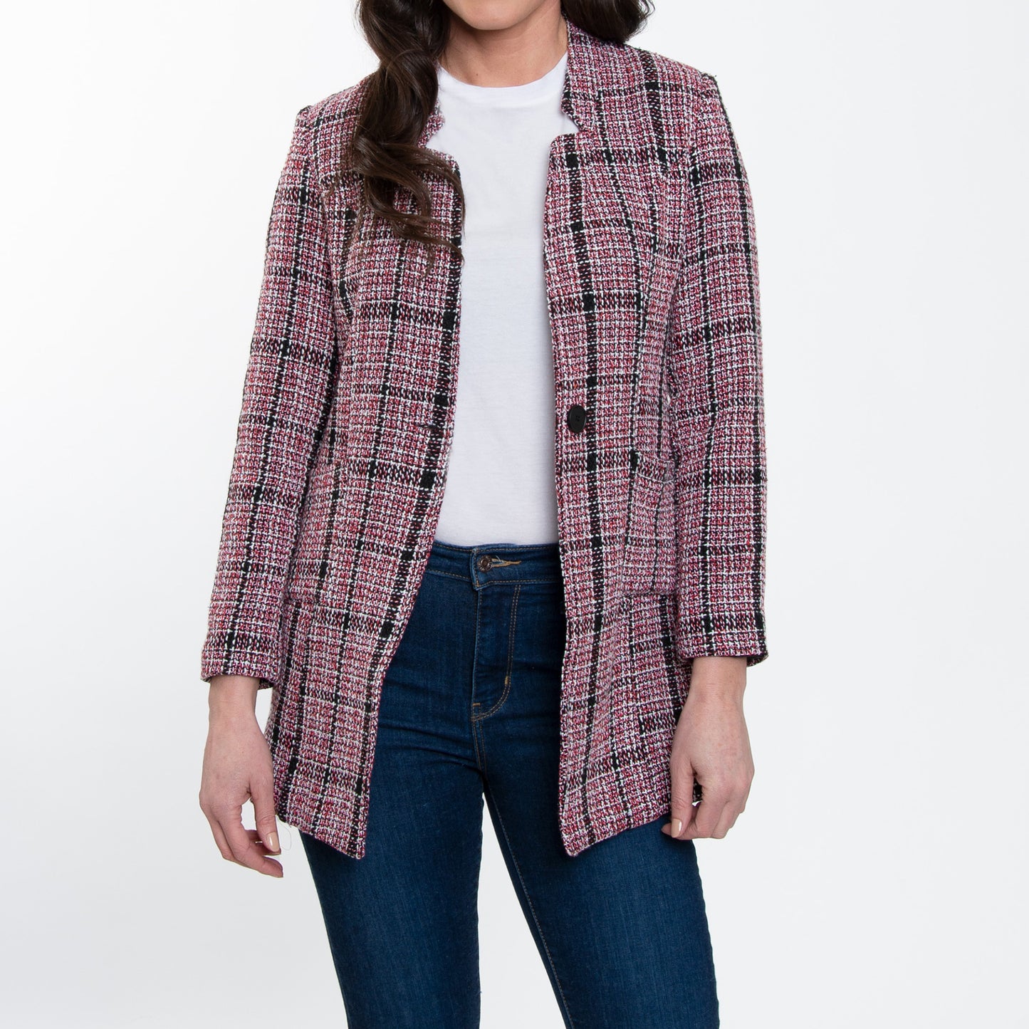 Lyra Fully Lined Long Sleeve Plaid Long Length Boucle Blazer