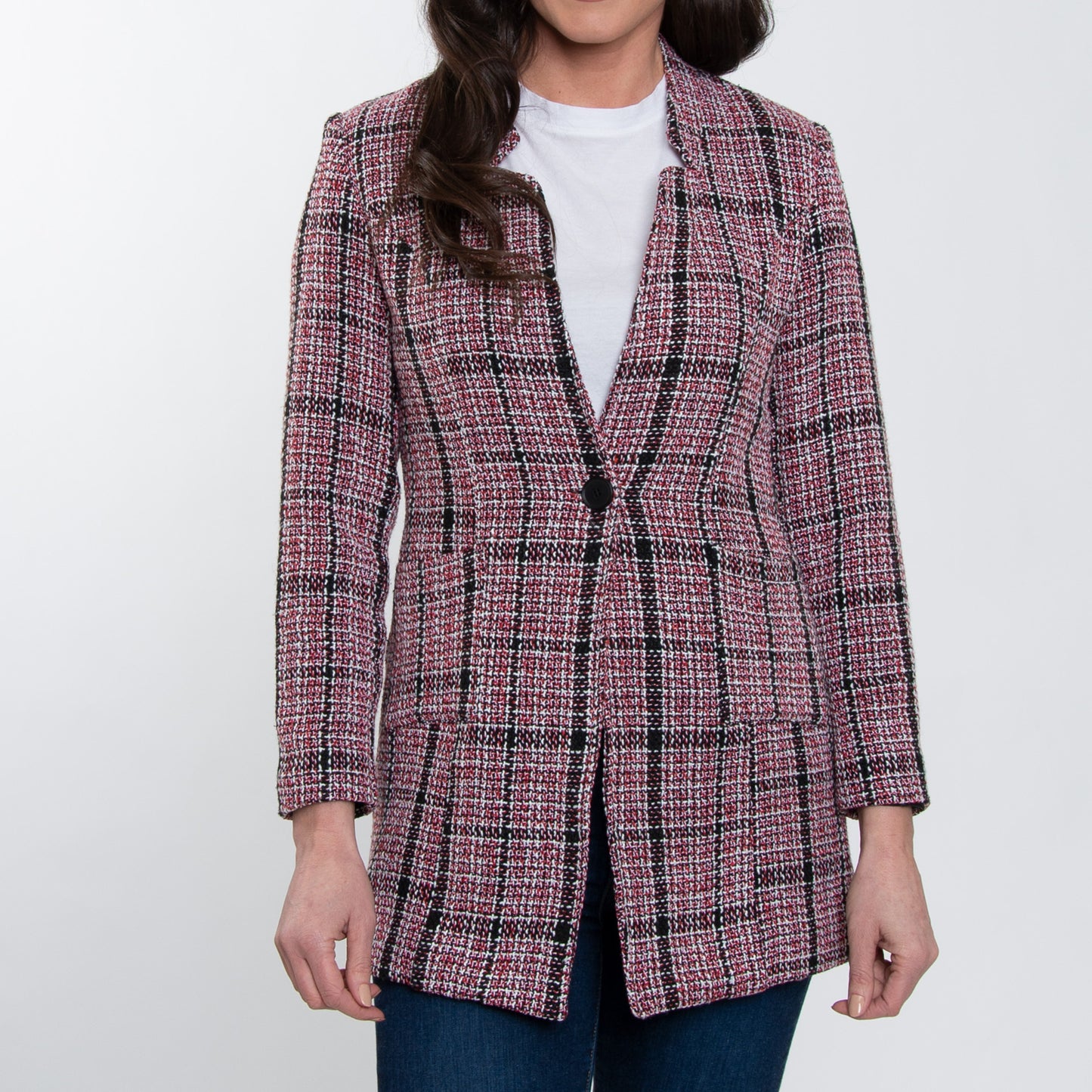 Lyra Fully Lined Long Sleeve Plaid Long Length Boucle Blazer