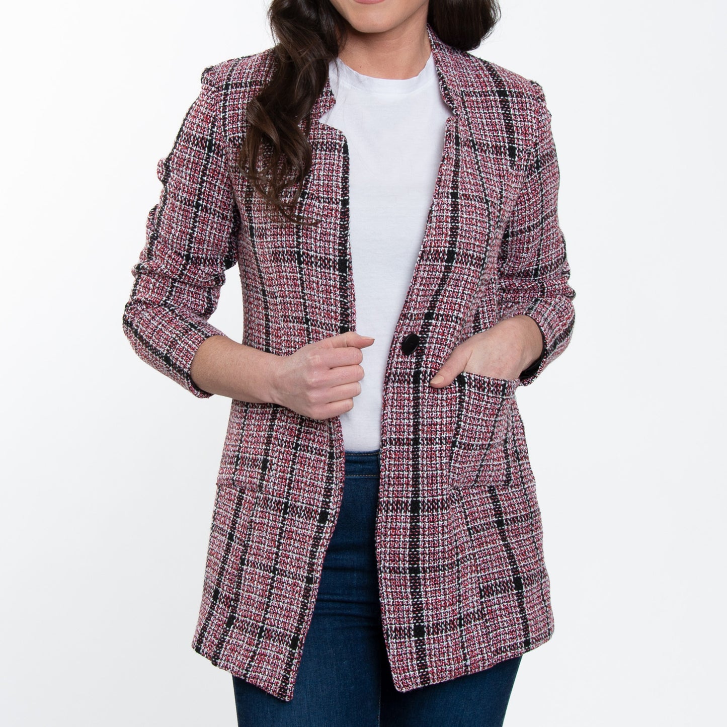 Lyra Fully Lined Long Sleeve Plaid Long Length Boucle Blazer