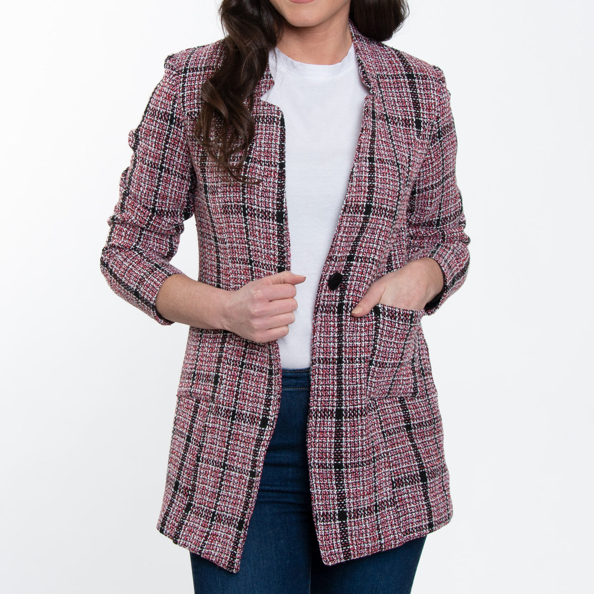 Lyra Fully Lined Long Sleeve Plaid Long Length Boucle Blazer