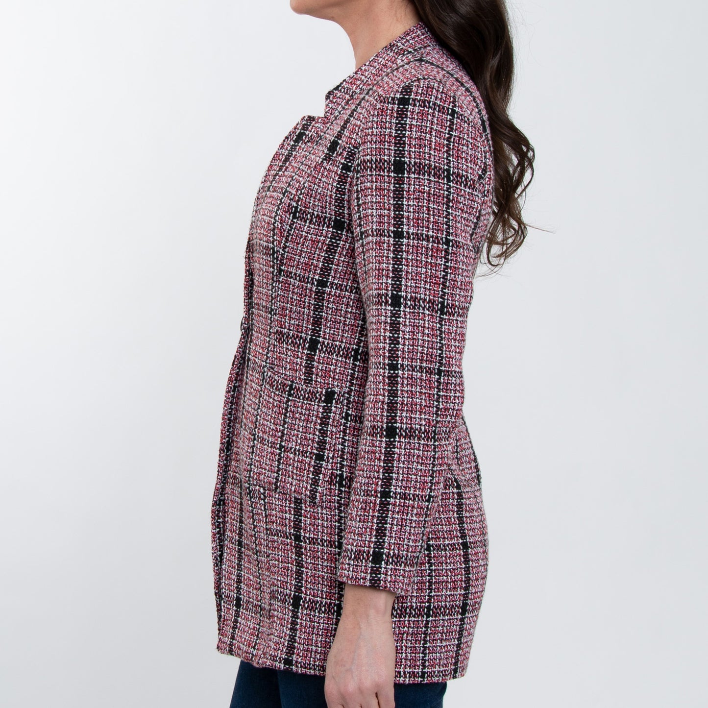 Lyra Fully Lined Long Sleeve Plaid Long Length Boucle Blazer