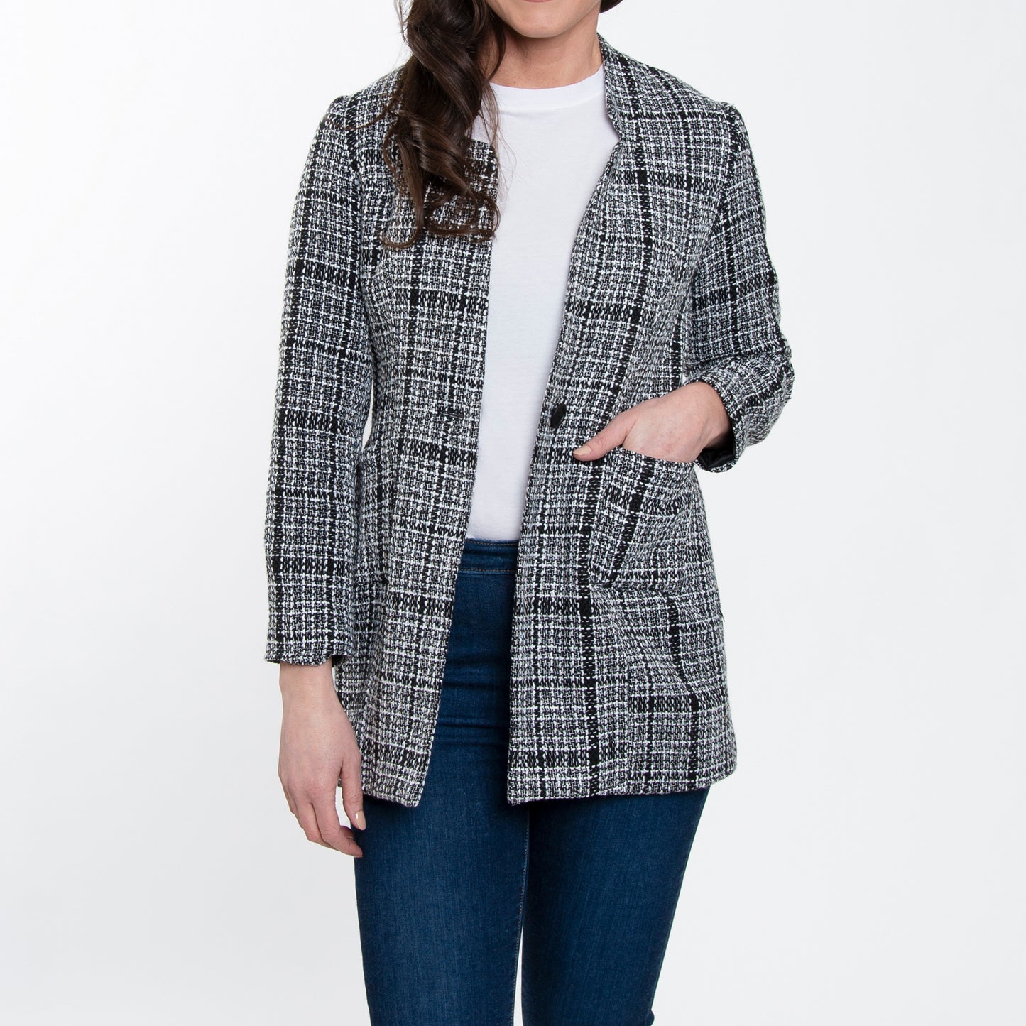 Lyra Fully Lined Long Sleeve Plaid Long Length Boucle Blazer