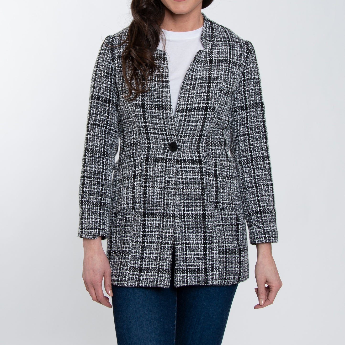 Lyra Fully Lined Long Sleeve Plaid Long Length Boucle Blazer