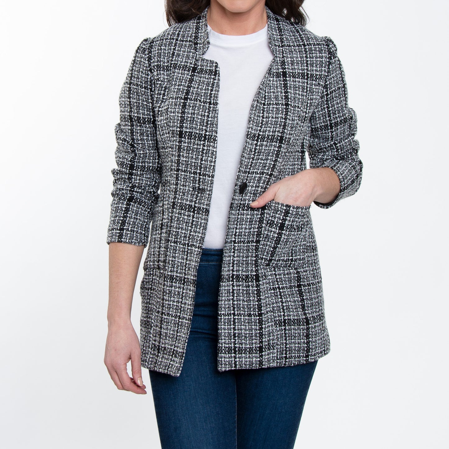 Lyra Fully Lined Long Sleeve Plaid Long Length Boucle Blazer