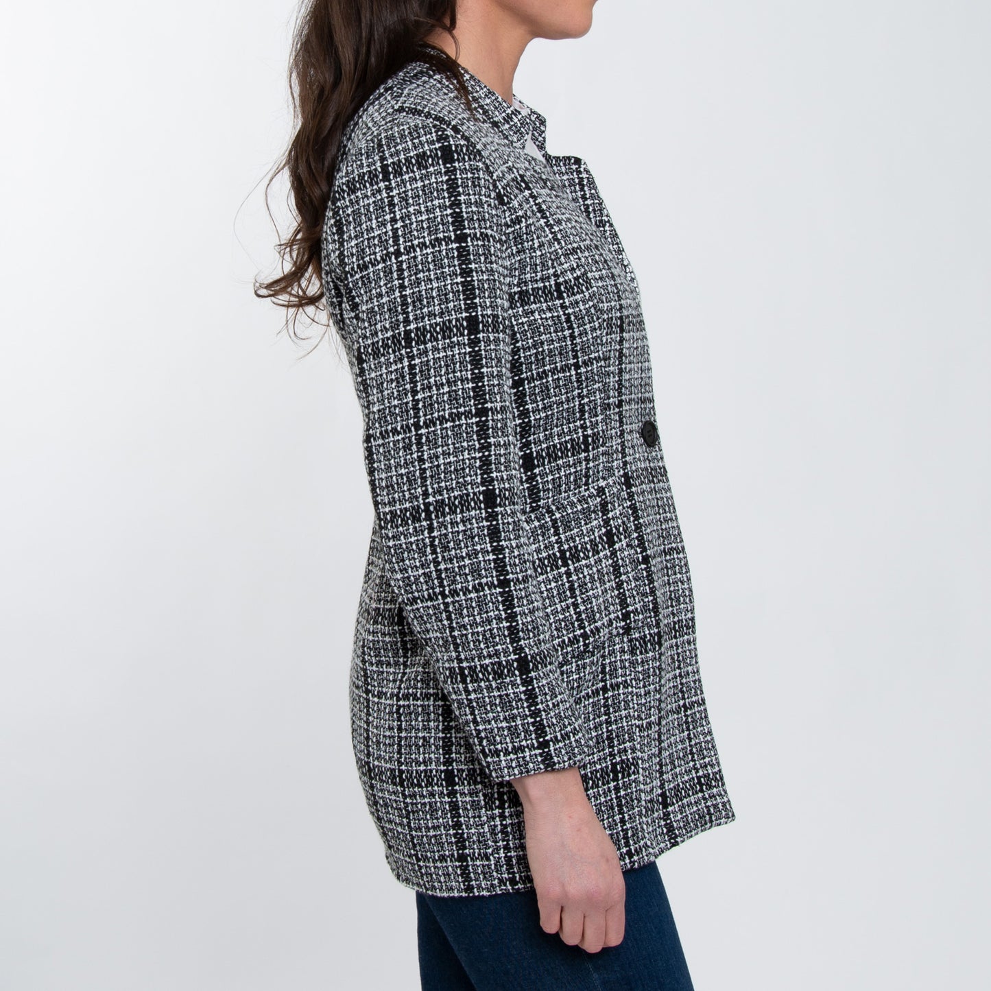 Lyra Fully Lined Long Sleeve Plaid Long Length Boucle Blazer