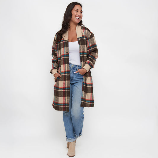 Arlo Long Sleeve Brushed Twill Button Up Long Plaid Shacket