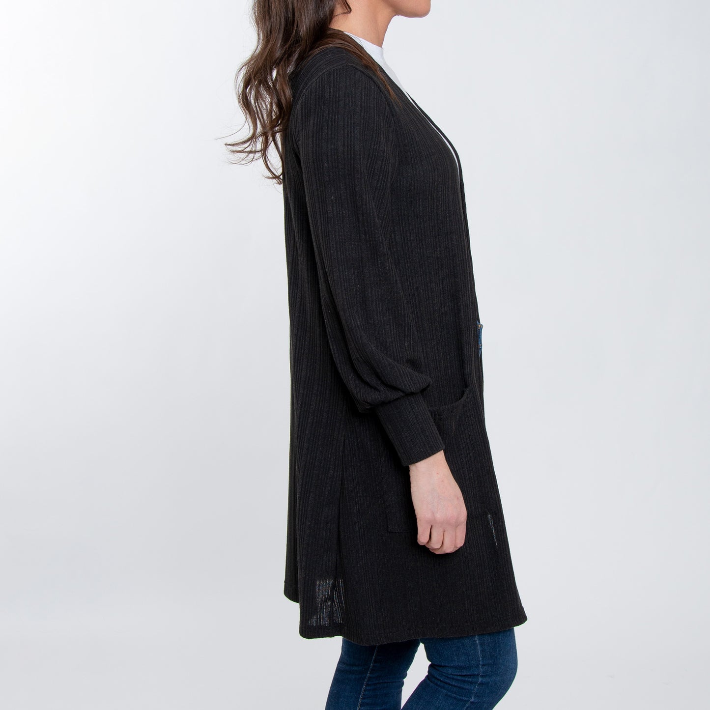 Maxx Jersey Knit Bishop Sleeve Ribbed Cardigan